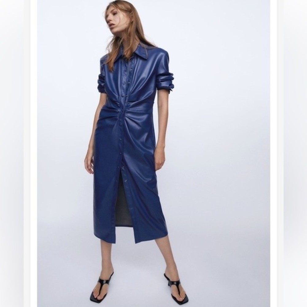NWT ZARA Faux Leather Blue MIDI Shirtdress size Small